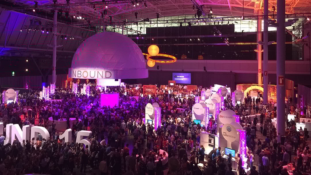 looking down at a conference center full of people